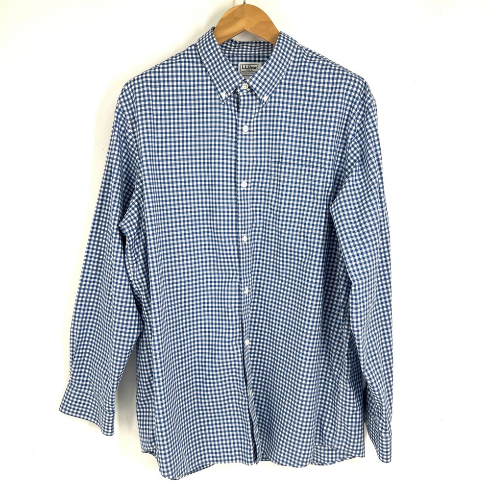 LL Bean Mens XL Traditional Fit Gingham Button Down Shirt Blue White 288292‎